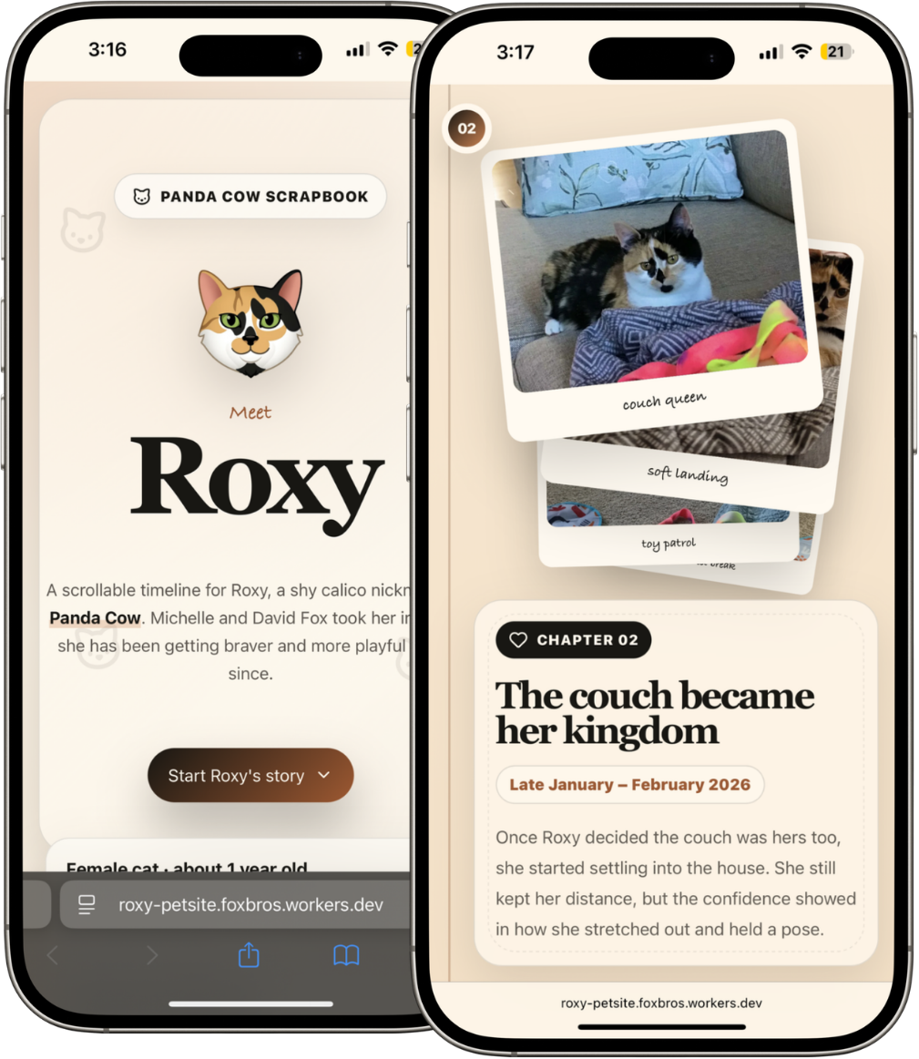 iPhone preview screenshots of Roxy's PetSite